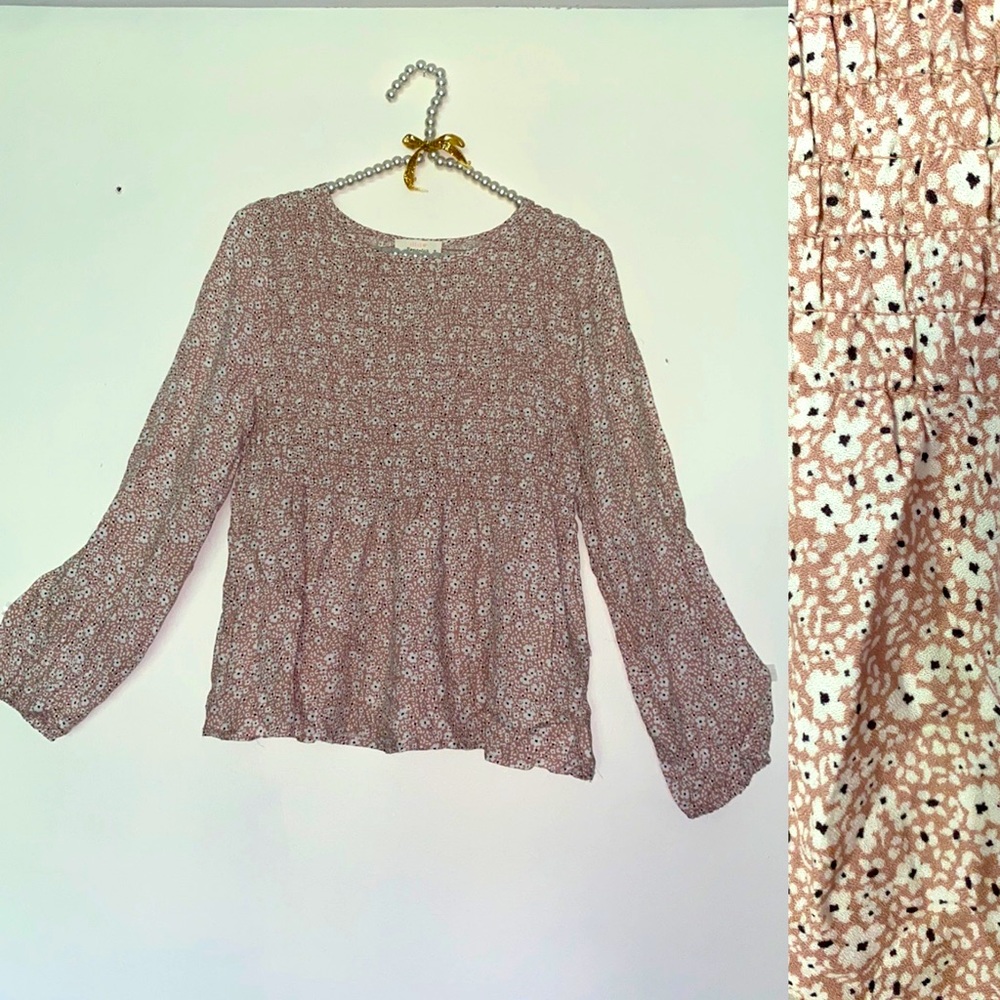 Urban Romantics Pink Floral Babydoll Top Smocked Long Sleeve Blouse Womens M